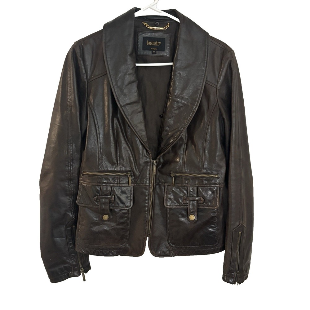 Laundry by Shelli Segal Brown Motorcycle Biker Lamb Leather Jacket Women Med EUC